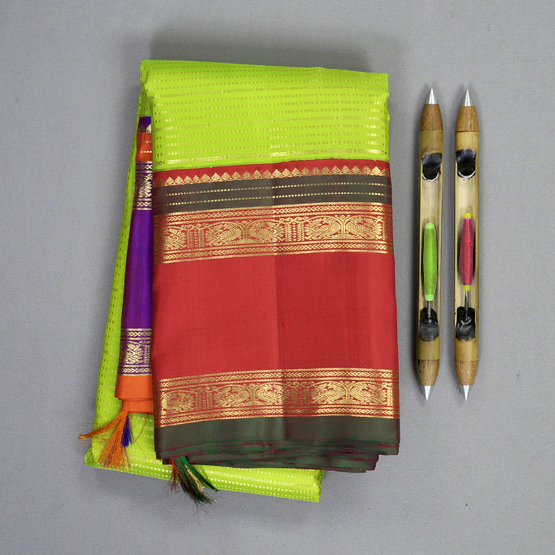 Hayagrivas Handloom Parrot Green Kanjivaram Silk Saree with Ganga Jamuna Border KBF855H3-2