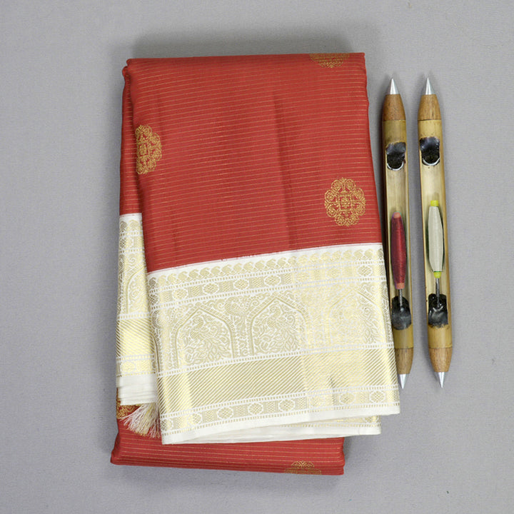 Hayagrivas Handloom Red Kanjivaram Silk Saree with Half-White Border KBF855H4-1