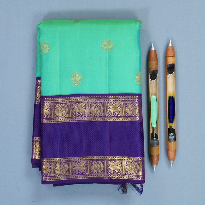 Hayagrivas Handloom Aqua Green Kanjivaram Silk Saree with Purple Border KBF855H5-1