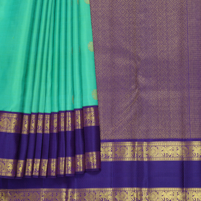 Hayagrivas Handloom Aqua Green Kanjivaram Silk Saree with Purple Border KBF855H5-1