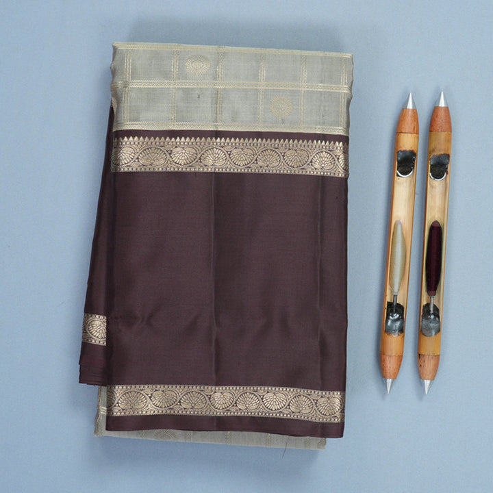 Hayagrivas Handloom Grey Kanjivaram Silk Saree with Deep Plum Border KBF856H16-5