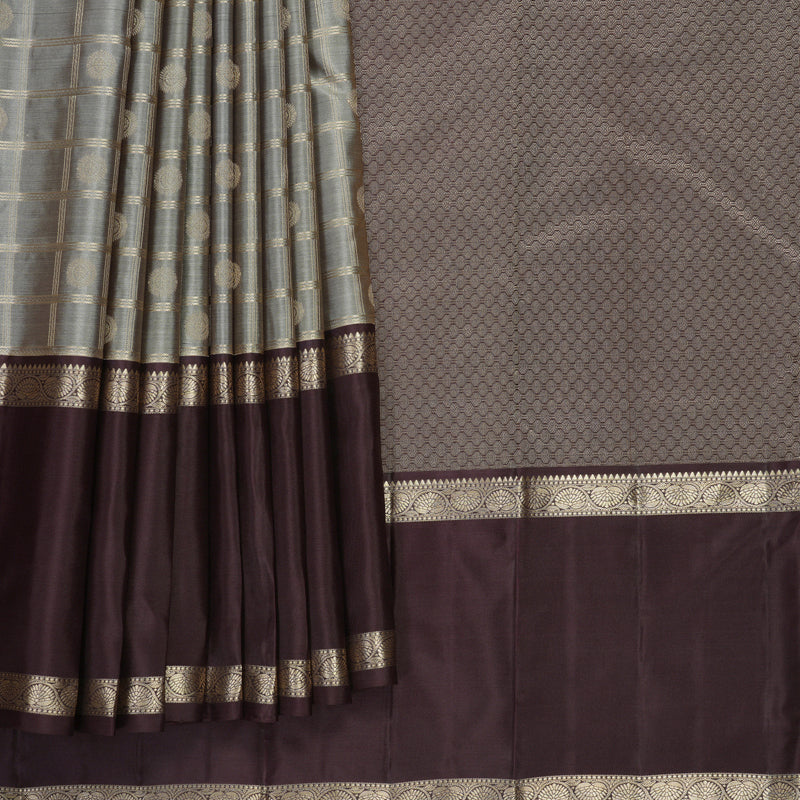Hayagrivas Handloom Grey Kanjivaram Silk Saree with Deep Plum Border KBF856H16-5