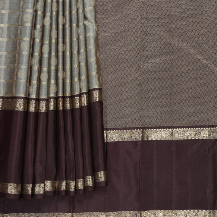 Hayagrivas Handloom Grey Kanjivaram Silk Saree with Deep Plum Border KBF856H16-5