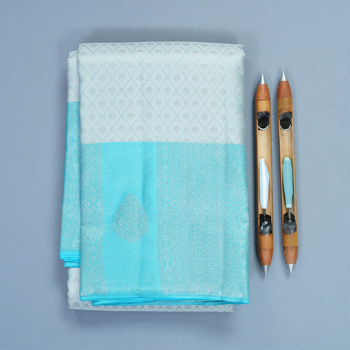 Hayagrivas Handloom Silver Grey Kanjivaram Silk Saree with Sky Blue Border KBF856H26-1