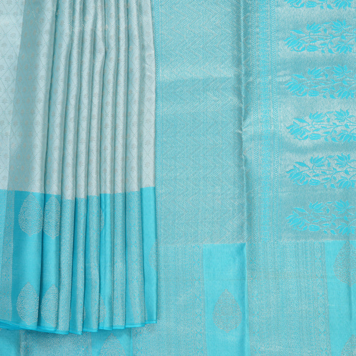 Hayagrivas Handloom Silver Grey Kanjivaram Silk Saree with Sky Blue Border KBF856H26-1