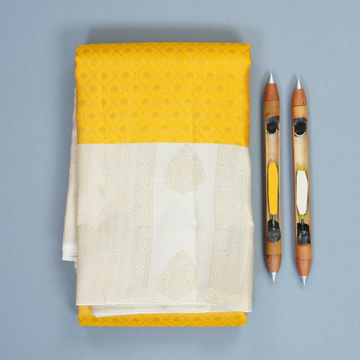 Hayagrivas Handloom Yellow Kanjivaram Silk Saree with White Border KBF856H26-11