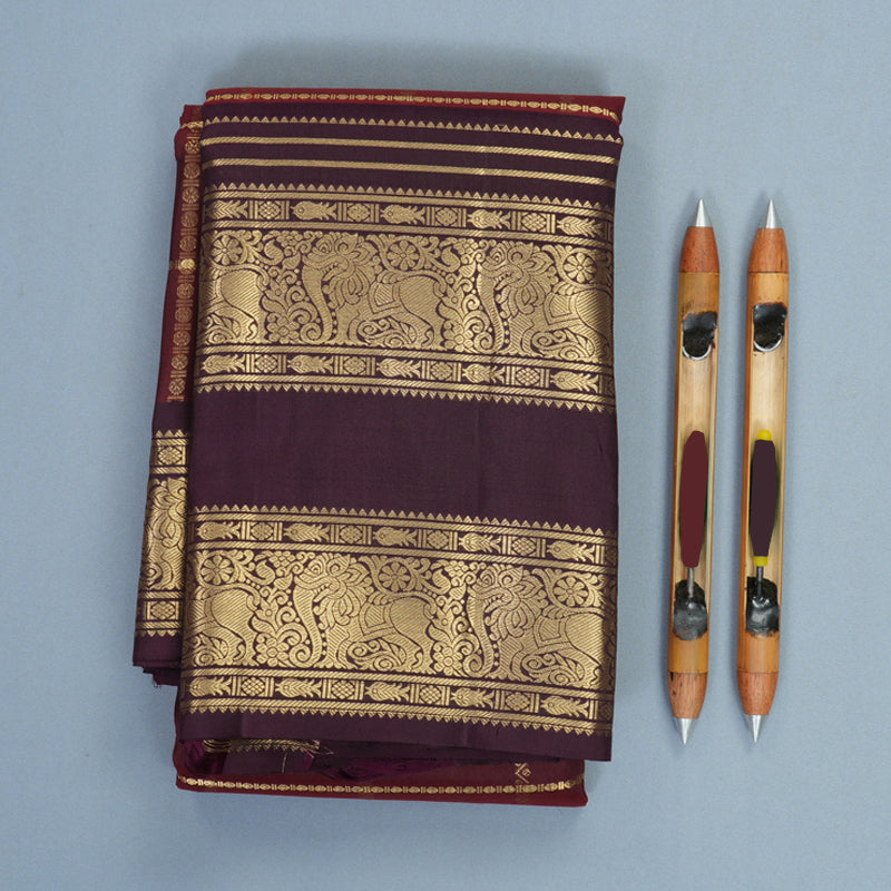Hayagrivas Handloom Rust Maroon Kanjivaram Silk Saree with Plum Purple Border KBF858H14-2