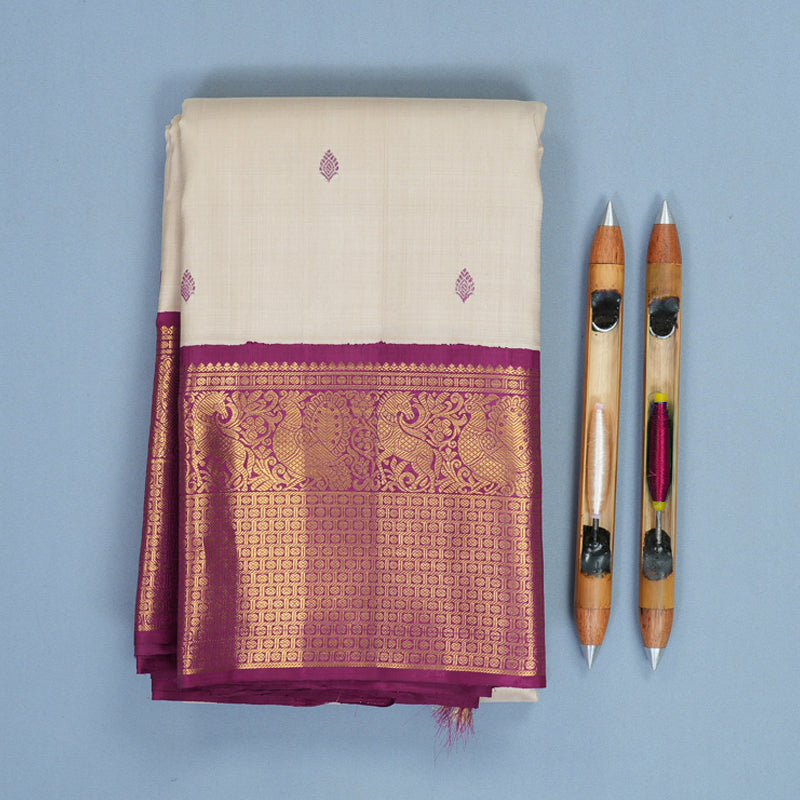 Hayagrivas Handloom Cream Kanjivaram Silk Saree with Purple Border KBF865H1-1