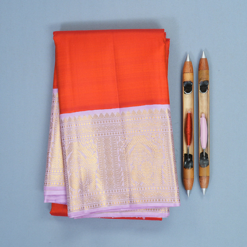 Hayagrivas Handloom Reddish-Orange Kanjivaram Silk Saree with Lilac Border KBF865H2-4