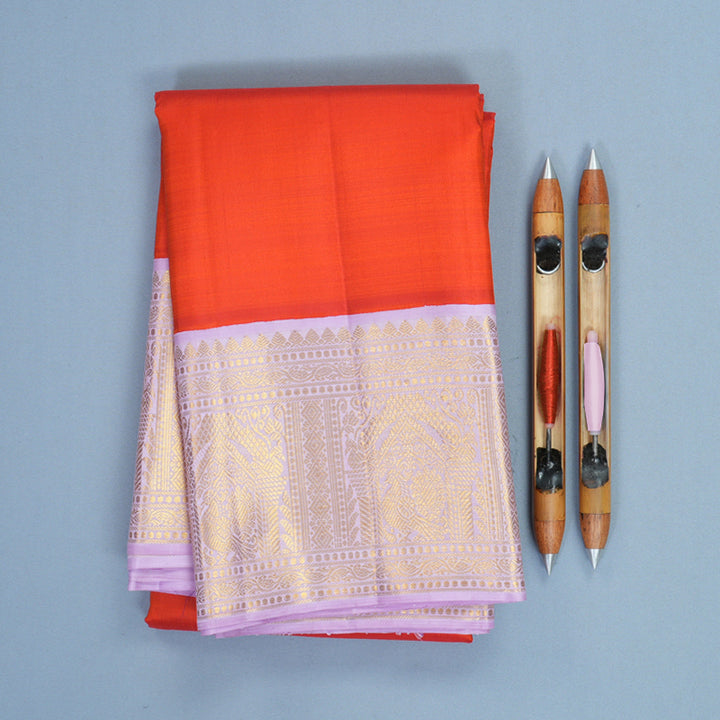 Hayagrivas Handloom Reddish-Orange Kanjivaram Silk Saree with Lilac Border KBF865H2-4