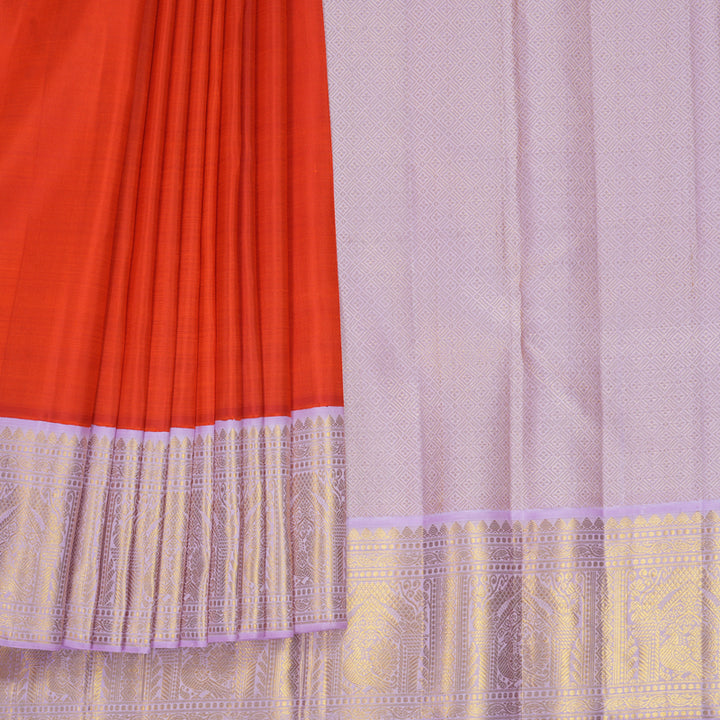 Hayagrivas Handloom Reddish-Orange Kanjivaram Silk Saree with Lilac Border KBF865H2-4