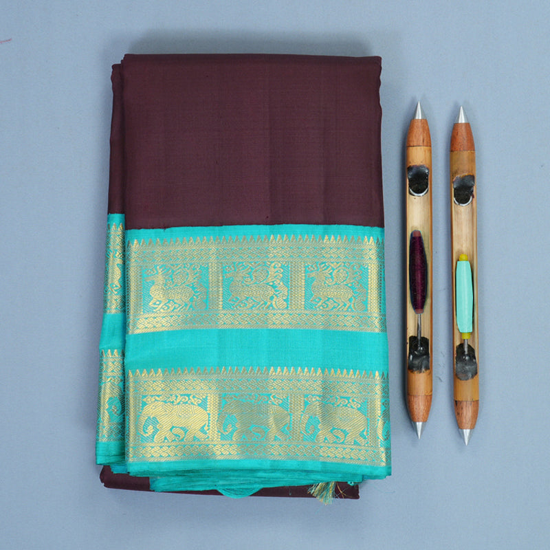 Hayagrivas Handloom Deep Wine Kanjivaram Silk Saree with Sky Blue Border KBF865H2-5