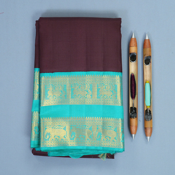 Hayagrivas Handloom Deep Wine Kanjivaram Silk Saree with Sky Blue Border KBF865H2-5