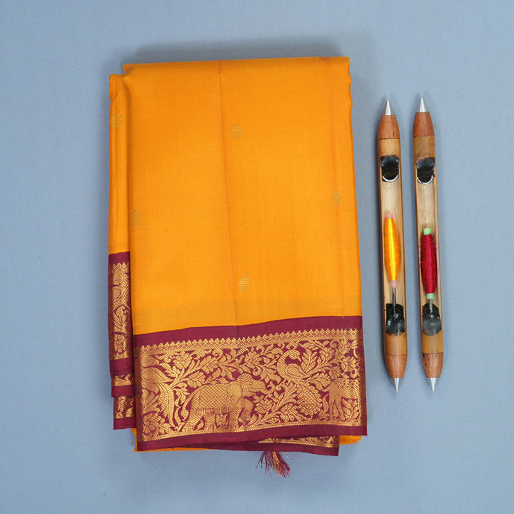 Hayagrivas Handloom Mambazham Yellow Kanjivaram Silk Saree with Maroon Border KBF865H3-1