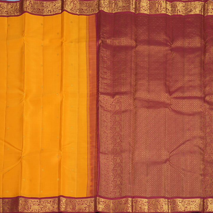 Hayagrivas Handloom Mambazham Yellow Kanjivaram Silk Saree with Maroon Border KBF865H3-1