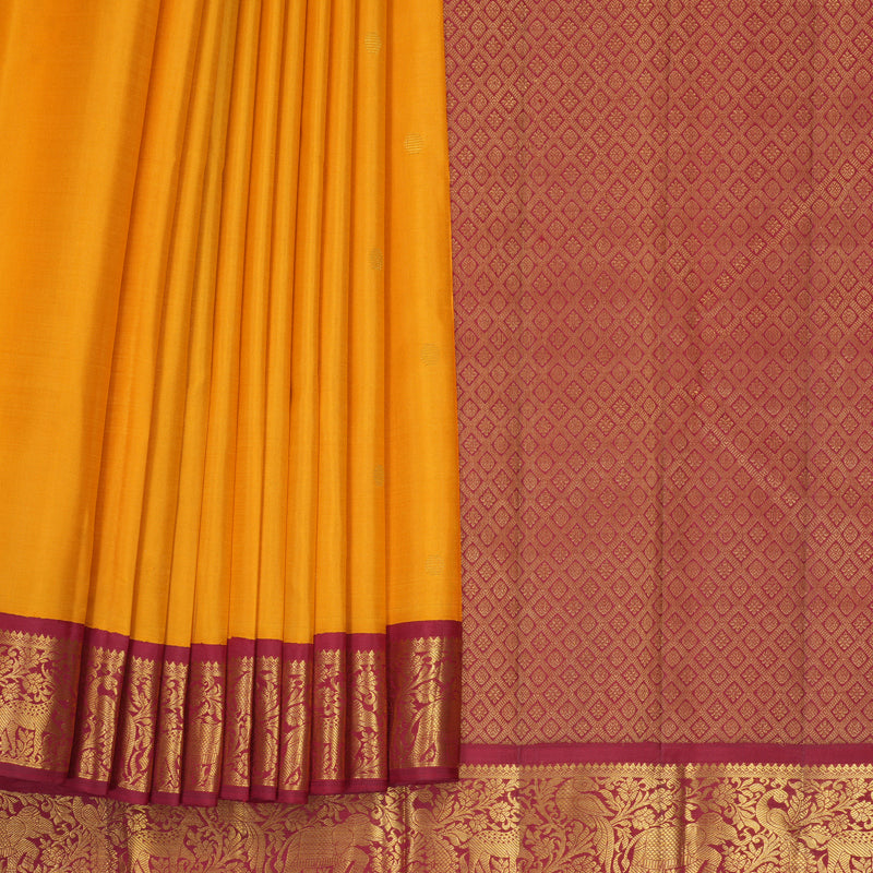 Hayagrivas Handloom Mambazham Yellow Kanjivaram Silk Saree with Maroon Border KBF865H3-1