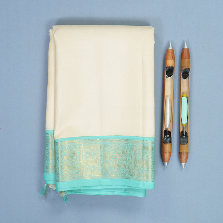 Hayagrivas Handloom Half-White Kanjivaram Silk Saree with Sky Blue Border KBF865H4-1