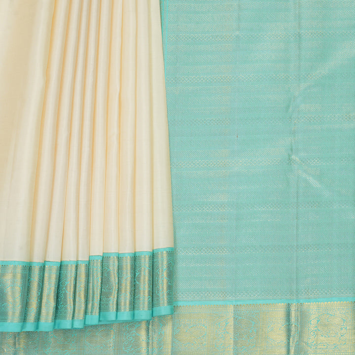 Hayagrivas Handloom Half-White Kanjivaram Silk Saree with Sky Blue Border KBF865H4-1