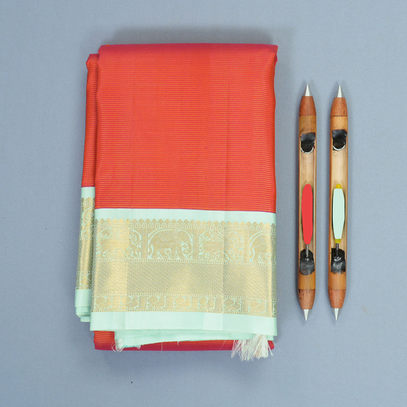 Hayagrivas Handloom Orangish-Pink Kanjivaram Silk Saree with Pista Green Border KBF866H4-1