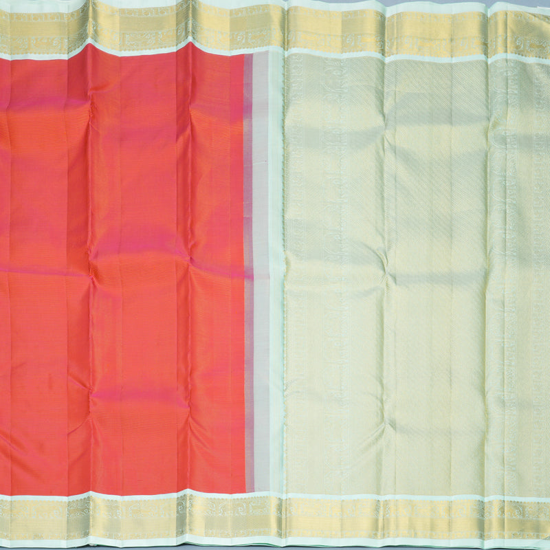 Hayagrivas Handloom Orangish-Pink Kanjivaram Silk Saree with Pista Green Border KBF866H4-1