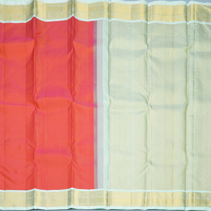 Hayagrivas Handloom Orangish-Pink Kanjivaram Silk Saree with Pista Green Border KBF866H4-1