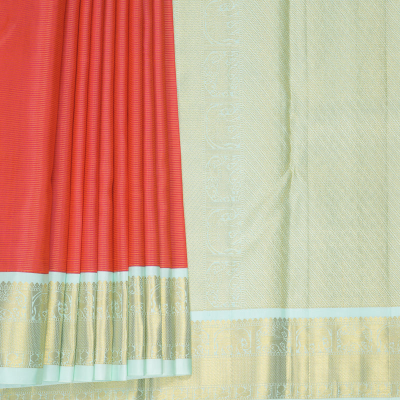 Hayagrivas Handloom Orangish-Pink Kanjivaram Silk Saree with Pista Green Border KBF866H4-1
