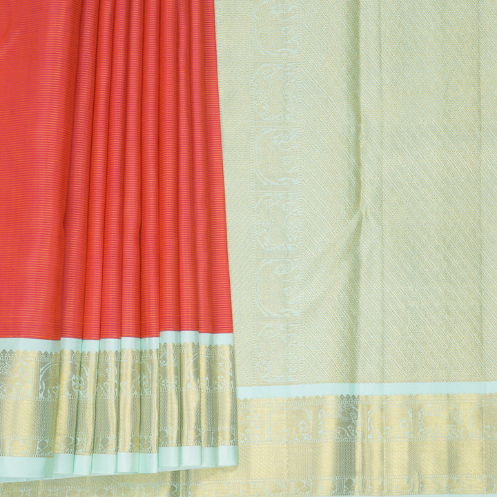 Hayagrivas Handloom Orangish-Pink Kanjivaram Silk Saree with Pista Green Border KBF866H4-1