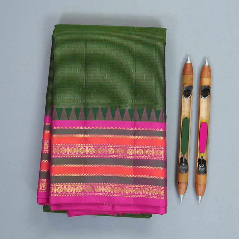 Hayagrivas Handloom Bottle Green Kanjivaram Silk Saree with Rani Pink Border KBF867H15-1
