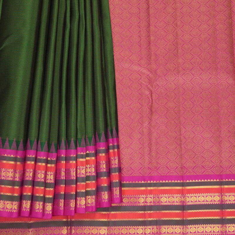 Hayagrivas Handloom Bottle Green Kanjivaram Silk Saree with Rani Pink Border KBF867H15-1