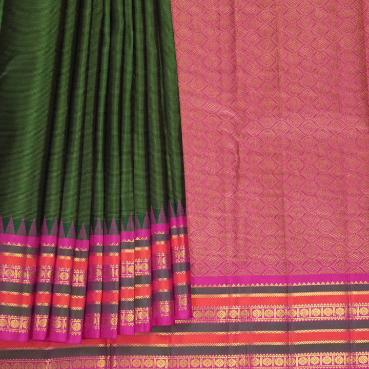Hayagrivas Handloom Bottle Green Kanjivaram Silk Saree with Rani Pink Border KBF867H15-1