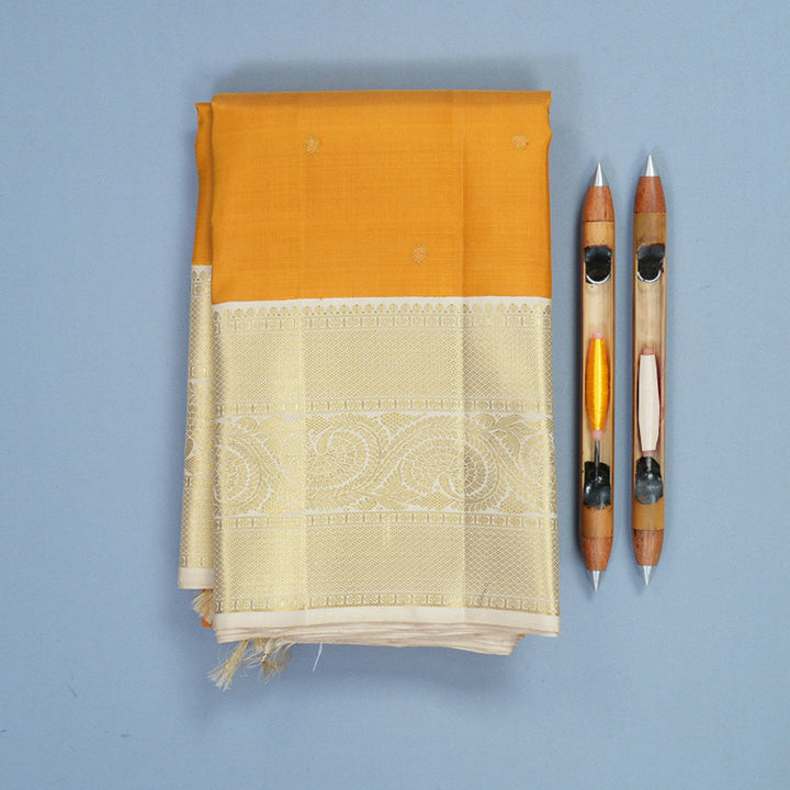 Hayagrivas Handloom Mustard Yellow Kanjivaram Silk Saree with Half-White Border KBF868H12-1