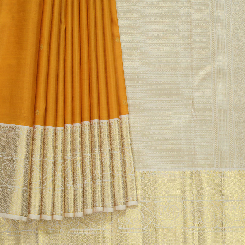 Hayagrivas Handloom Mustard Yellow Kanjivaram Silk Saree with Half-White Border KBF868H12-1