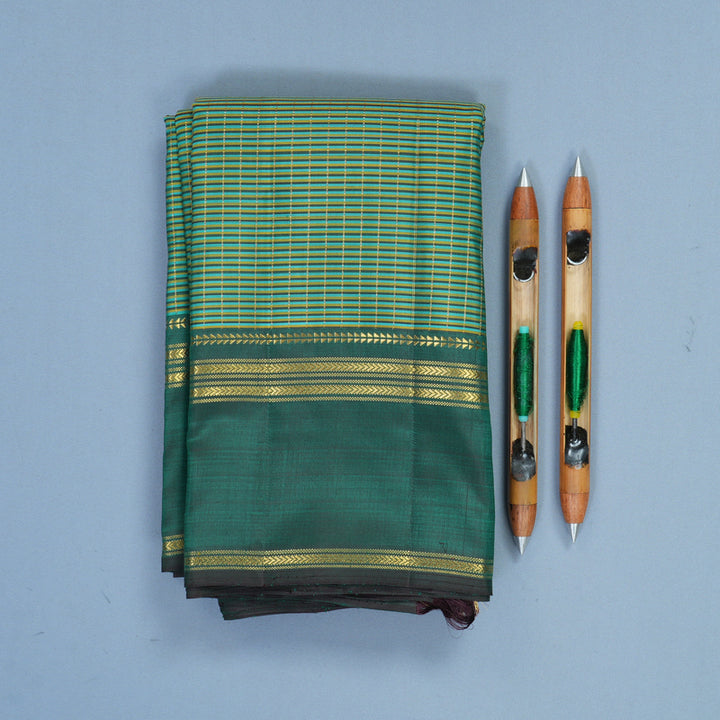 Hayagrivas Handloom Multicolour Stripes Kanjivaram Silk Saree with Bottle Green Border KBF868H5-1