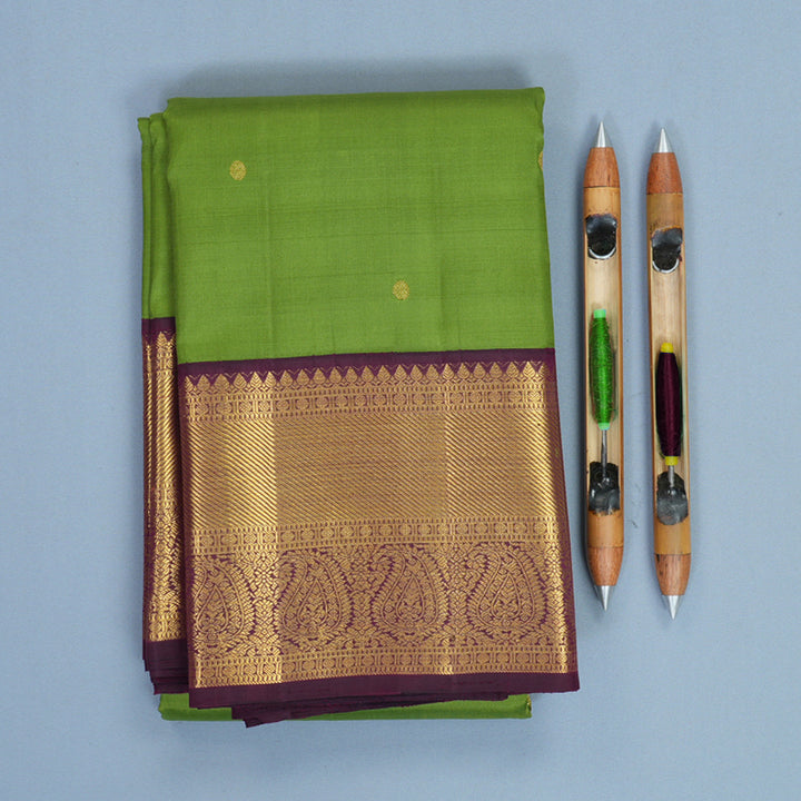 Hayagrivas Handloom Olive Green Kanjivaram Silk Saree with Wine Purple Border KBF871H2-3