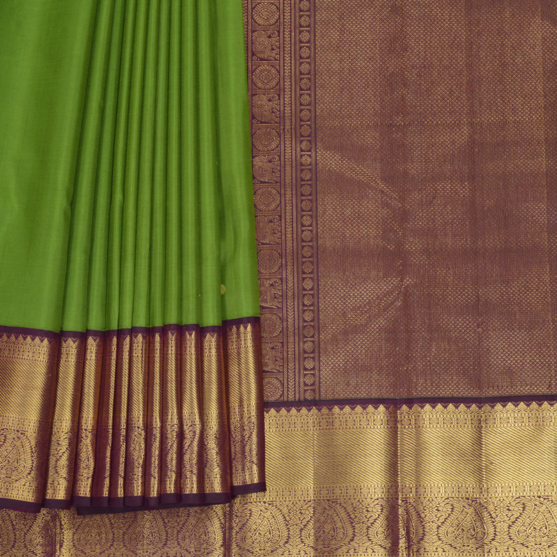 Hayagrivas Handloom Olive Green Kanjivaram Silk Saree with Wine Purple Border KBF871H2-3