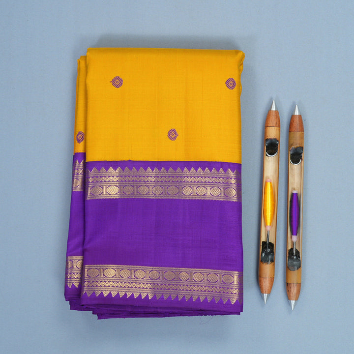 Hayagrivas Handloom Mustard Yellow Kanjivaram Silk Saree with Purple Border KBF871H2-5