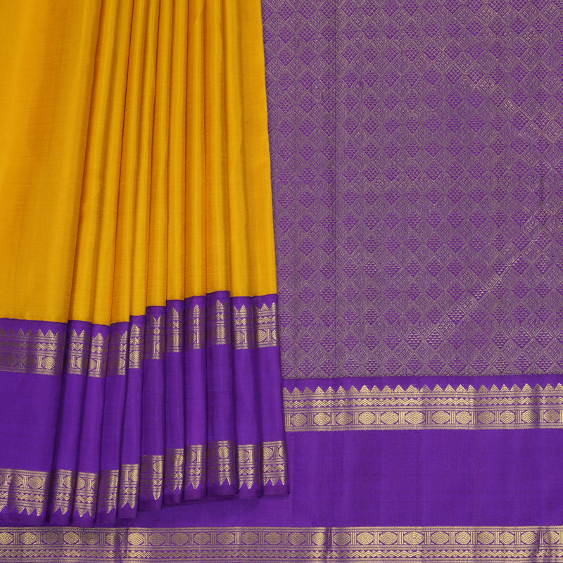 Hayagrivas Handloom Mustard Yellow Kanjivaram Silk Saree with Purple Border KBF871H2-5