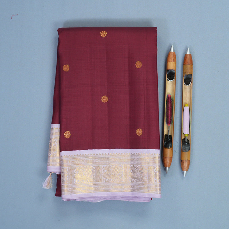 Hayagrivas Handloom Kum Kum Maroon Kanjivaram Silk Saree with Lilac Border KBF871H3-1