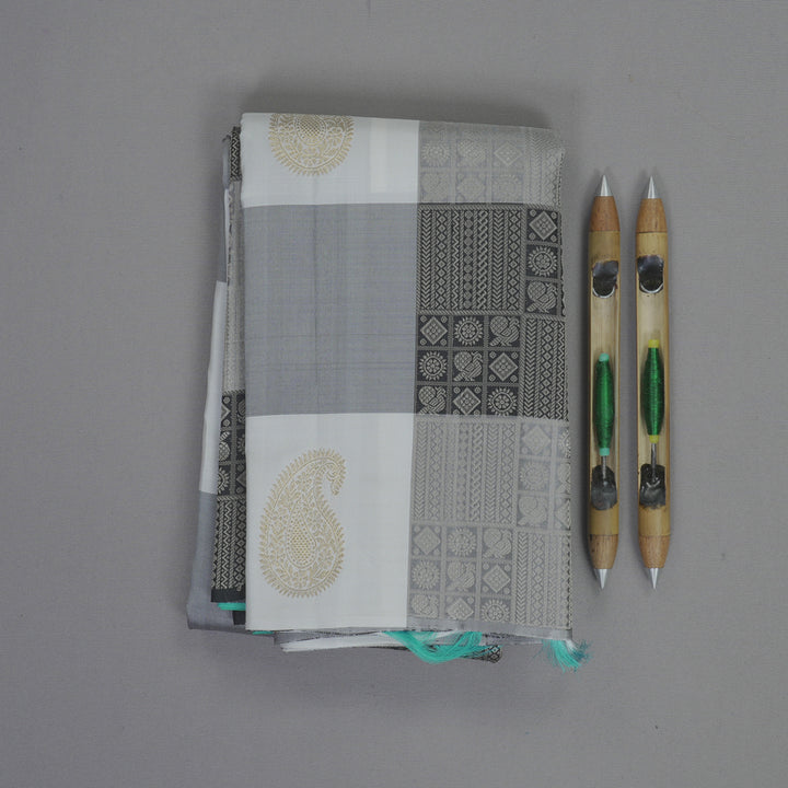 Hayagrivas Handloom Black &amp; White Checks Kanjivaram Silk Saree KBF631G2-1