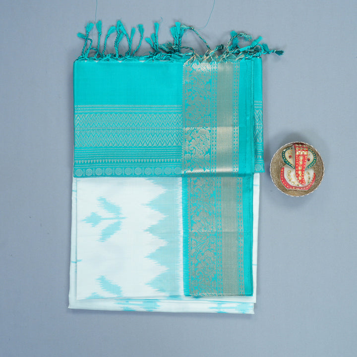 Hayagrivas White Handloom Soft Silk Saree Sea Blue KBF878H12-1