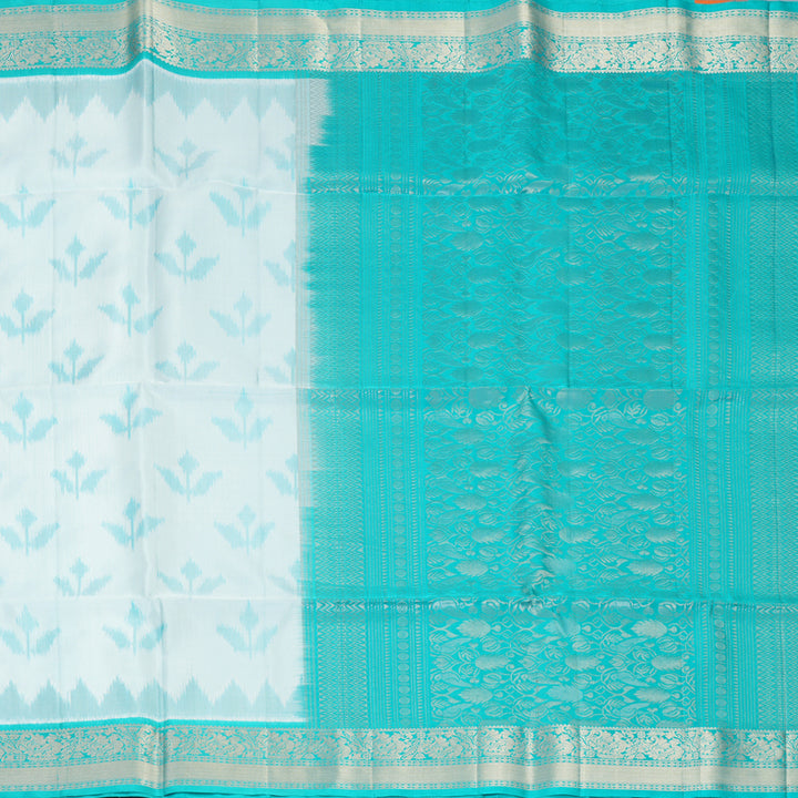 Hayagrivas White Handloom Soft Silk Saree Sea Blue KBF878H12-1