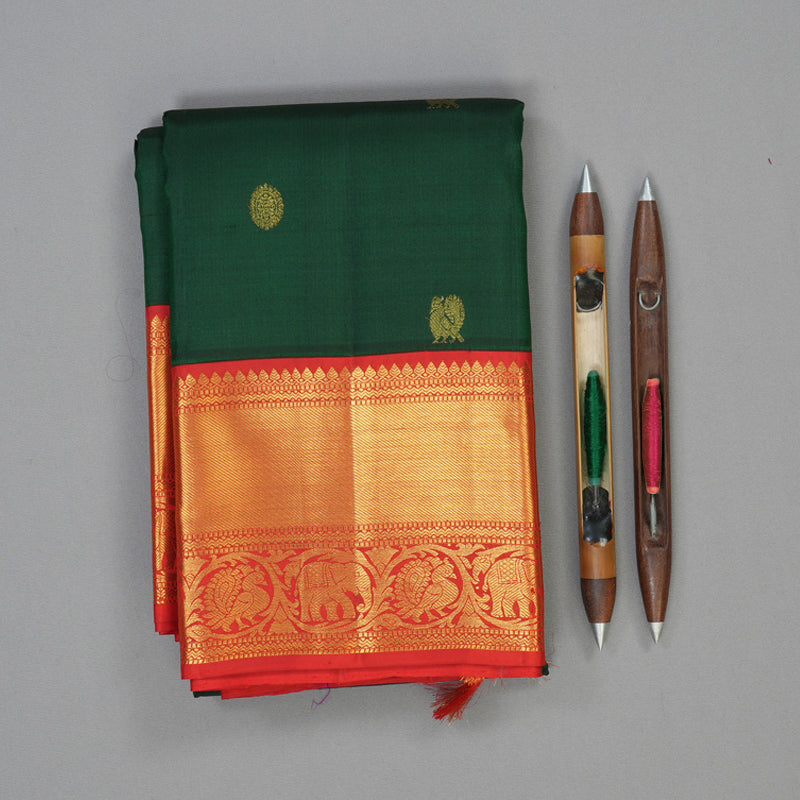 Hayagrivas Handloom Bottle Green Kanjivaram Silk Saree with Red Border KBF87D7-2