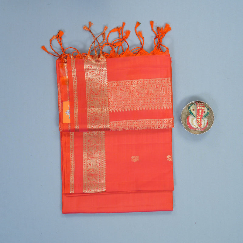 Hayagrivas Orangish-Pink Handloom Soft Silk Saree KBF883H4-9