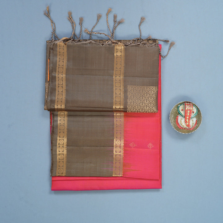 Hayagrivas Orangish-Pink Handloom Soft Silk Saree KBF887H1-1