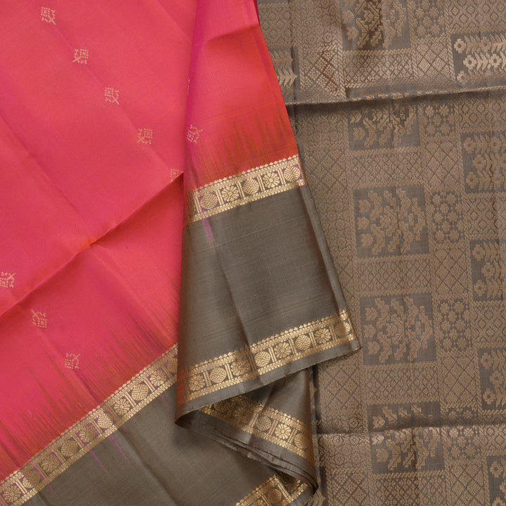 Hayagrivas Orangish-Pink Handloom Soft Silk Saree KBF887H1-1