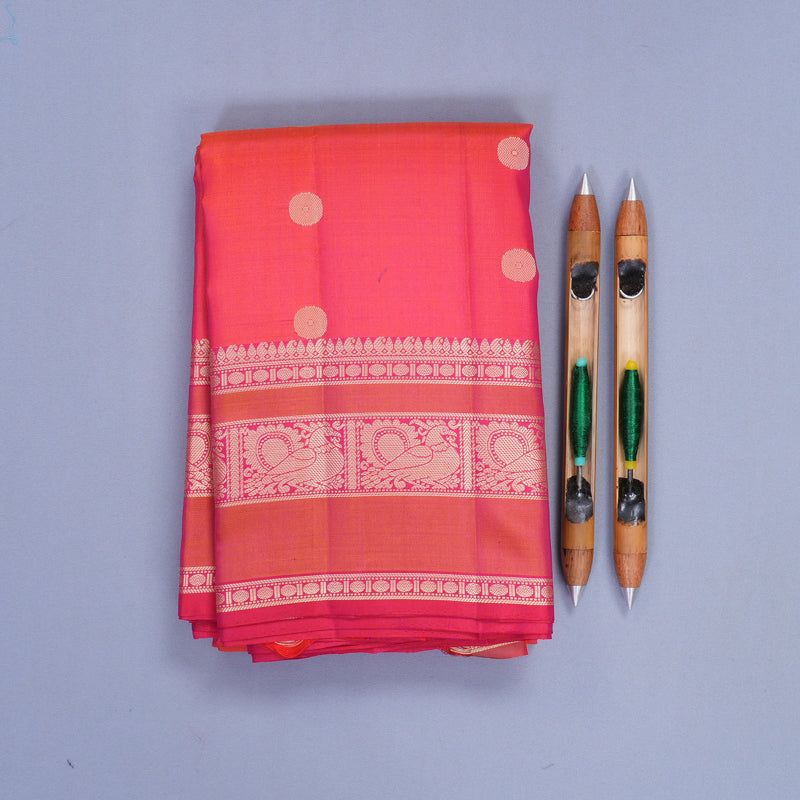 Hayagrivas Handloom Orangish-Pink Kanjivaram Silk Saree with Pink Border KBF889H10-1