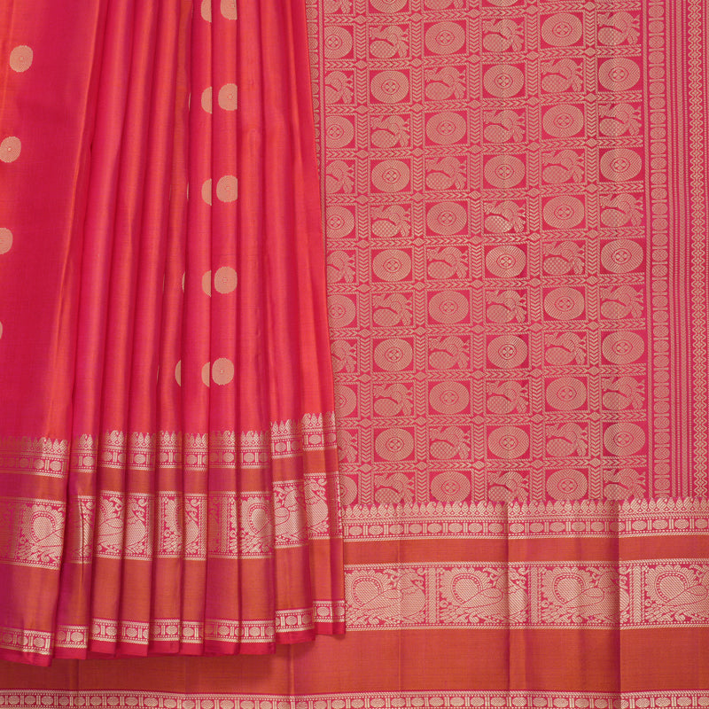 Hayagrivas Handloom Orangish-Pink Kanjivaram Silk Saree with Pink Border KBF889H10-1