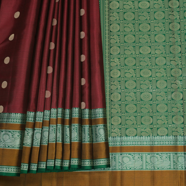 Hayagrivas Handloom Wine Maroon Kanjivaram Silk Saree with Green Border KBF890H1-1
