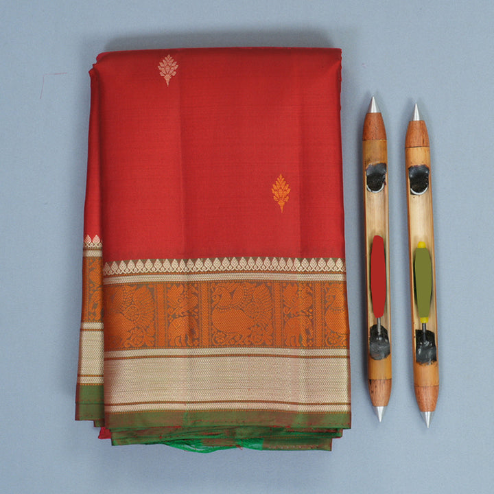 Hayagrivas Handloom Red Kanjivaram Silk Saree with Manthalir Green Border KBF890H1-15