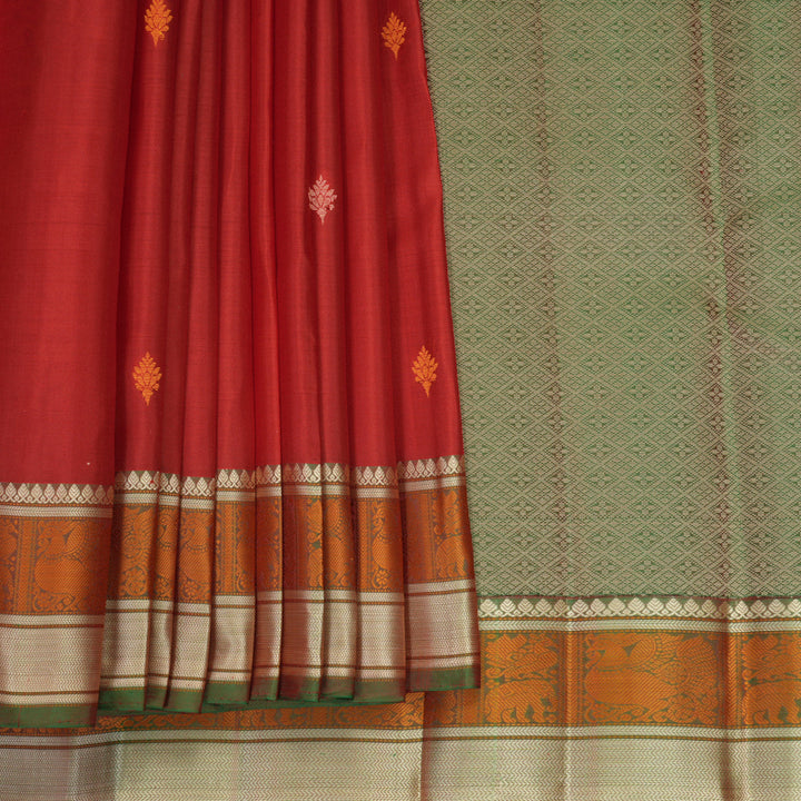 Hayagrivas Handloom Red Kanjivaram Silk Saree with Manthalir Green Border KBF890H1-15